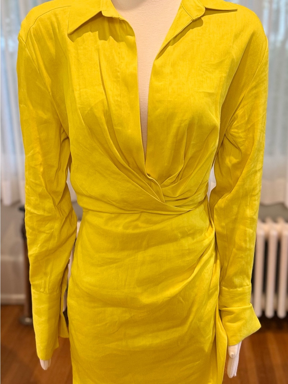 Gauge81 Bright Yellow Draped Wrap-Front Long Sleeve Dress